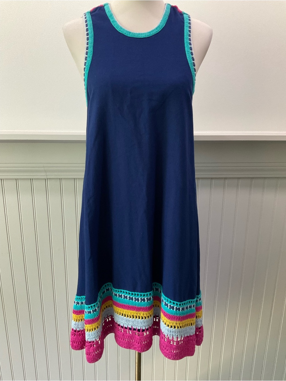 Akemi + Kin Anthropologie Crochet Trim Dress Medium Boho Sleeveless Lined Navy